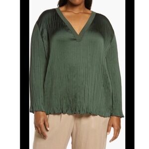 Vince Womens 3X Forest Green Vertical Pleated V-Neck Long Sleeve Blouse Top 3X